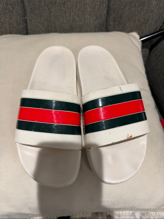 Gucci Shoes - Gucci Beige and Brown Patterned Slide Sandals